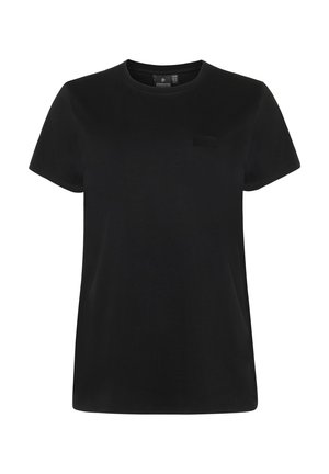 Schwarzes T-Shirt aus Baumwolle mit kurzen Ärmeln und Rundhalsausschnitt, dezentes Markenlogo auf der oberen linken Brust.