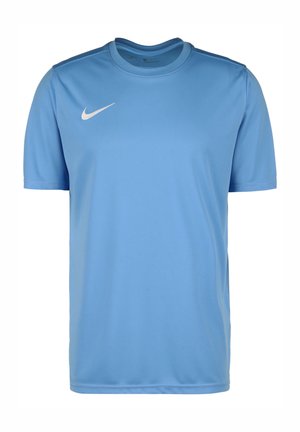 T-shirt de sport Nike bleu clair à manches courtes avec logo swoosh blanc en haut à droite de la poitrine et col rond.