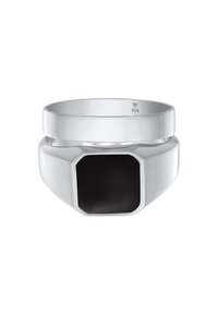 Anello in argento caratterizzato da una fascia liscia e lucida con un prominente centro in pietra nera ottagonale. Timbro "925" per argento sterling.