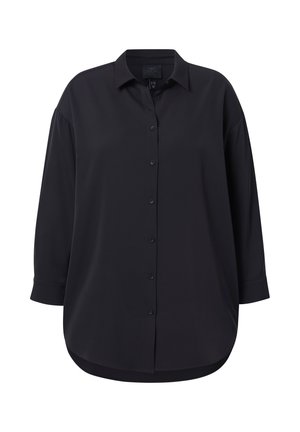 Black button-up shirt with a collar, long sleeves, and a curved hem. Made of smooth fabric with a relaxed fit and no visible patterns.
