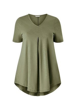 Kurzarmhemd in Olivgrün, mit V-Ausschnitt, weicher Textur und Falten-Design an der Front, abgerundetem Saum.