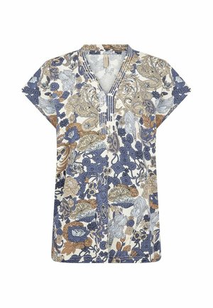 Kort mouw blouse met V-hals, voorzien van een gedetailleerd bloemenpatroon in blauw, beige en bruin op een witte achtergrond.