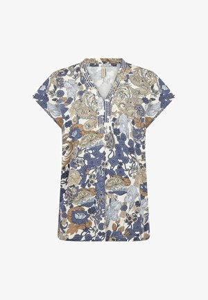 Kort mouw blouse met V-hals, voorzien van een gedetailleerd bloemenpatroon in blauw, beige en bruin op een witte achtergrond.
