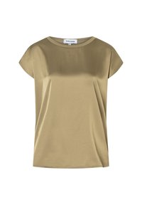 Haut olive en jersey à manches courtes, doté d'un large col et d'une coupe ample et décontractée. Pas de motifs ni d'embellissements visibles.
