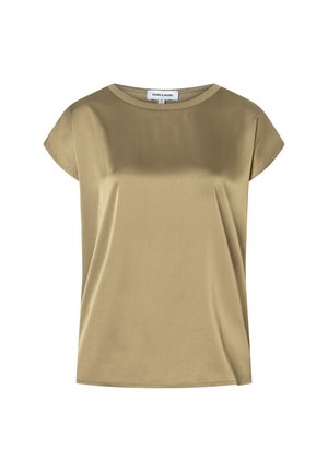 Olivgrünes Kurzarmshirt aus glattem Stoff, mit weitem Ausschnitt und einem lockeren, entspannten Schnitt. Keine sichtbaren Muster oder Verzierungen.