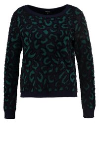 Maglione navale accogliente con stampa leopardata verde. Presenta un tessuto morbido e testurizzato, maniche lunghe e scollo rotondo.