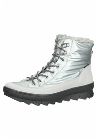 Graue und silberne Schneestiefel mit einem gepolsterten, glänzenden Obermaterial, Kunstfellfutter, schwarzen Schnürsenkeln und einer strukturierten, schwarzen Gummisohle.