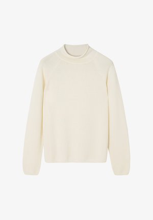 Cream-colored turtleneck sweater made from soft knit fabric, featuring raglan sleeves and a relaxed fit, without embellishments or patterns.