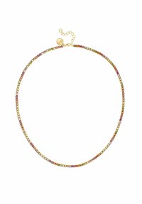 Goldfarbene Halskette mit mehrfarbigen Kristallsteinen, ausgestattet mit einer zarten Kette und einem verstellbaren Verschluss. Gerades Design, einheitliche Größe.