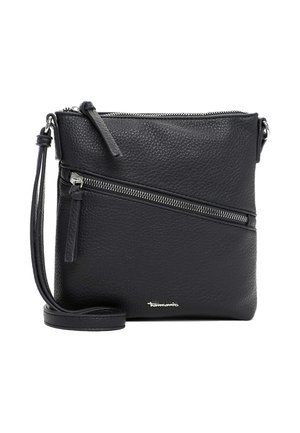 Black textured leather crossbody bag with diagonal front zipper pocket, adjustable strap, and main zippered compartment.