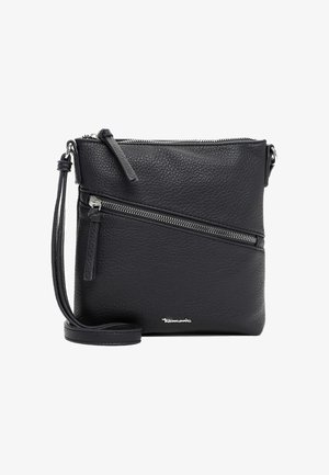 Black textured leather crossbody bag with diagonal front zipper pocket, adjustable strap, and main zippered compartment.
