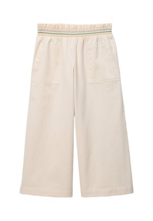 Pantalon beige à jambes larges avec ceinture élastique avec des détails cousus multicolores et deux poches plaquées à l'avant.