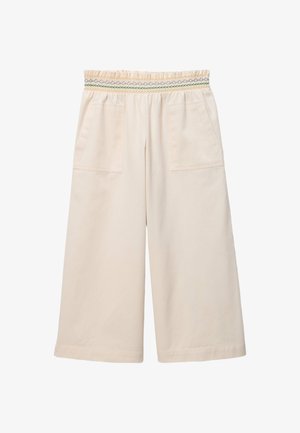 Pantalon beige à jambes larges avec ceinture élastique avec des détails cousus multicolores et deux poches plaquées à l'avant.