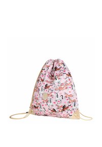 Trekzak met trekkoord in roze stof met een herhalend paardenpatroon. Voorzien van beige accenten en een textuur patch van het merk aan de onderkant.