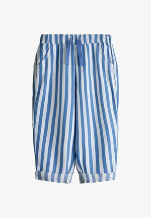 Modré a biele nohavice s vertikálnymi pruhmi, s elastickým pásom, prednými vreckami, šnúrkou na zaviazanie a ohrnutými lemami.