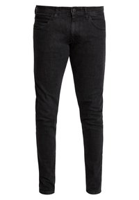 Černé džínové kalhoty s úzkým střihem, vybavené pěti kapsami, zapínáním na knoflík a jemným vyblednutím. Látka má hladkou texturu.