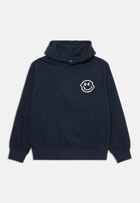 Sudadera con capucha de color azul marino, hecha de suave algodón, que cuenta con un bolsillo frontal y un logo de carita sonriente blanca en el lado izquierdo del pecho.