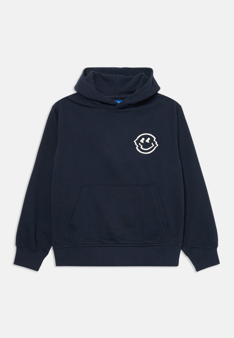 Sudadera con capucha de color azul marino, hecha de suave algodón, que cuenta con un bolsillo frontal y un logo de carita sonriente blanca en el lado izquierdo del pecho.