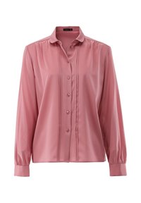 Langärmlige Bluse aus leichtem Satin in Rosé, mit Knopfleiste, Kragen, Falten-Details und gerafften Bündchen für eine lässige Passform.