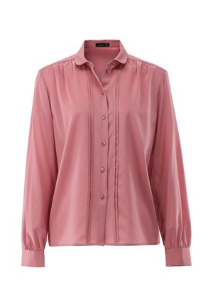 Langärmlige Bluse aus leichtem Satin in Rosé, mit Knopfleiste, Kragen, Falten-Details und gerafften Bündchen für eine lässige Passform.