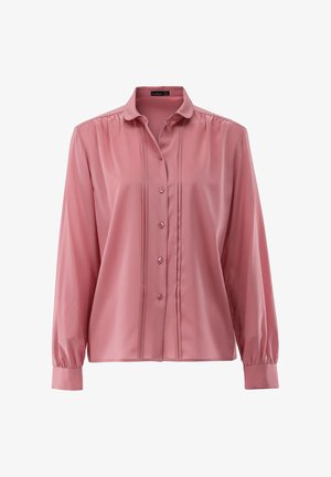 Langärmlige Bluse aus leichtem Satin in Rosé, mit Knopfleiste, Kragen, Falten-Details und gerafften Bündchen für eine lässige Passform.