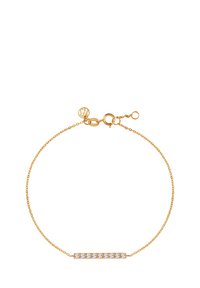 Złota bransoletka z delikatnym łańcuszkiem, z prostokątną sztabką ozdobioną przezroczystymi, okrągłymi kamieniami, zapinaną na zapięcie typu homar.