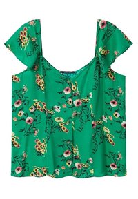 Grøn ærmeløs bluse med flæser på skuldrene, forreste knapper og et mønster af små gule, lyserøde og hvide blomster med grønne stængler.