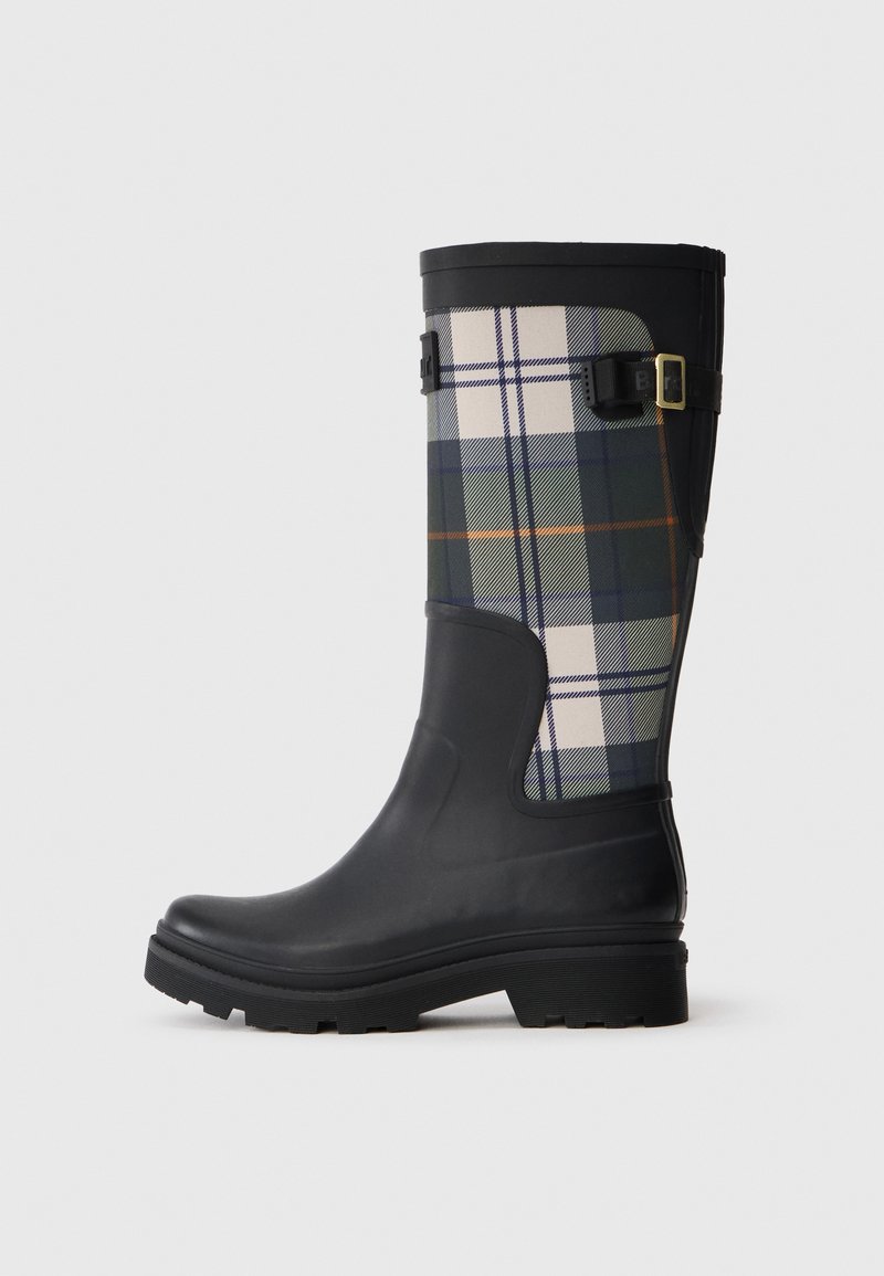 Botte de pluie en caoutchouc noire avec un motif textile à carreaux en bleu, vert et beige. Dotée d'une sangle ajustable et d'une semelle texturée pour une meilleure adhérence.