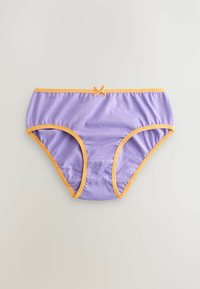 Lila stoffen broekje met oranje accenten en een strikje aan de voorkant. Glad materiaal en een volledig dekkend ontwerp.