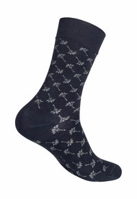 Calze in cotone blu navy con un motivo floreale grigio chiaro. Presentano un orlo a costine e una texture liscia, progettate per il comfort.
