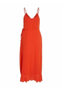 Robe midi rouge sans manches avec fines bretelles, taille nouée sur le côté et ourlet à volants.