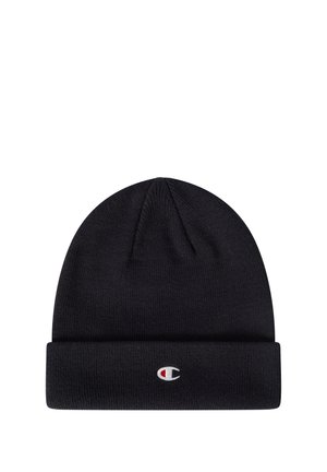Beanie nero lavorato a maglia con risvolto e piccolo logo ricamato in rosso e bianco sul davanti. Tessuto morbido, vestibilità aderente.