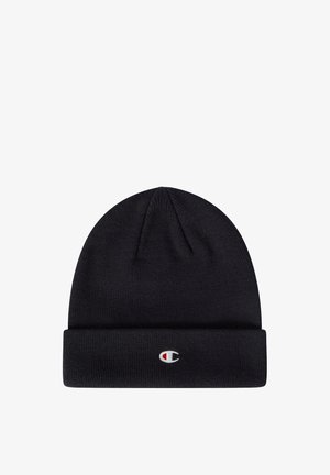 Beanie nero lavorato a maglia con risvolto e piccolo logo ricamato in rosso e bianco sul davanti. Tessuto morbido, vestibilità aderente.