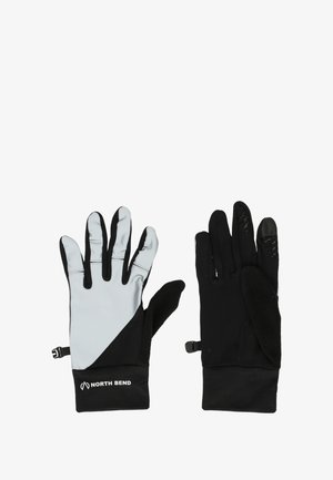 Sorte og grå handsker med tekstureret greb på fingerspidserne. Fremstillet af et fleksibelt materiale med en tætsiddende pasform og elastisk håndledsmanchet for komfort.