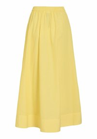 Jupe midi jaune avec fines rayures blanches verticales, taille élastique et large bande d'ourlet en bas.