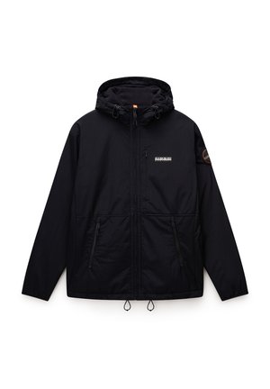 Giacca nera con cappuccio, zip frontale, due tasche con zip, orlo regolabile con cordoncino e dettaglio del logo sul petto e sulla manica.