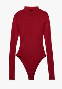 Długi rękaw bodysuit w jednolitym czerwonym kolorze, z wysokim kołnierzem, dopasowanym krojem oraz charakterystycznym wycięciem z małym czarnym akcentem.