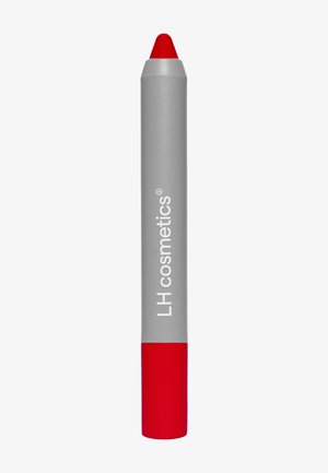 Roter Lippenstiftstift mit runder Spitze. Grauer Körper mit rotem unteren Abschnitt und weißem Branding-Text. Glatte Textur, zylindrische Form.