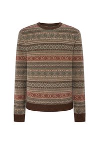 Strickpullover mit strukturierter Oberfläche, der ein gemustertes Design in erdigen Tönen von Grün, Rot und Braun aufweist, mit einem runden Halsausschnitt und gerippten Bündchen.