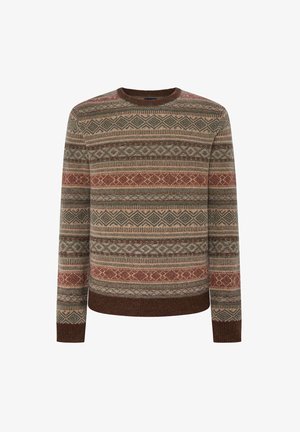 Textured knit sweater featuring a patterned design in earthy tones of green, red, and brown, with a round neckline and ribbed cuffs.