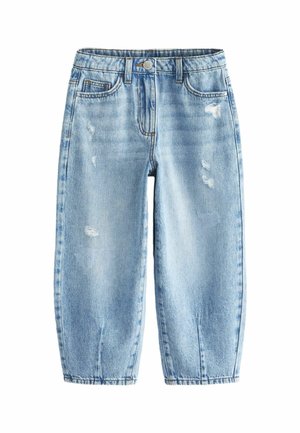 Jasnoniebieskie dżinsy z denimu o luźnym kroju, elastycznym pasie, przednim zapięciu na guzik oraz niewielkimi przetarciami na nogawkach.