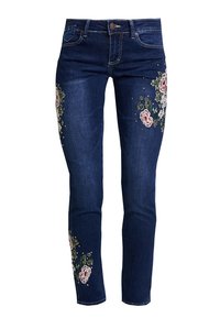 Mörkblå denimjeans med blommönster broderat på framsidan, med rosen- och gröna bladdesigns, samt en smal passform.