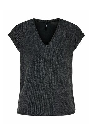 Sort V-hals top med korte ærmer, lavet af tekstureret stof med metalliske sølvstriber. Casual pasform med en lige nederkant.