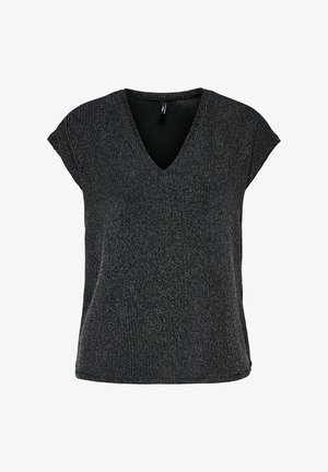 Haut noir à col en V avec manches courtes, doté d'un tissu texturé et de rayures argentées métalliques. Coupe décontractée avec un ourlet droit.