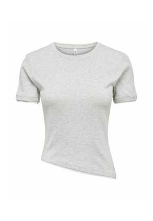 T-shirt ajusté gris clair à manches courtes avec encolure ronde et ourlet asymétrique s'inclinant vers le haut sur le côté droit.