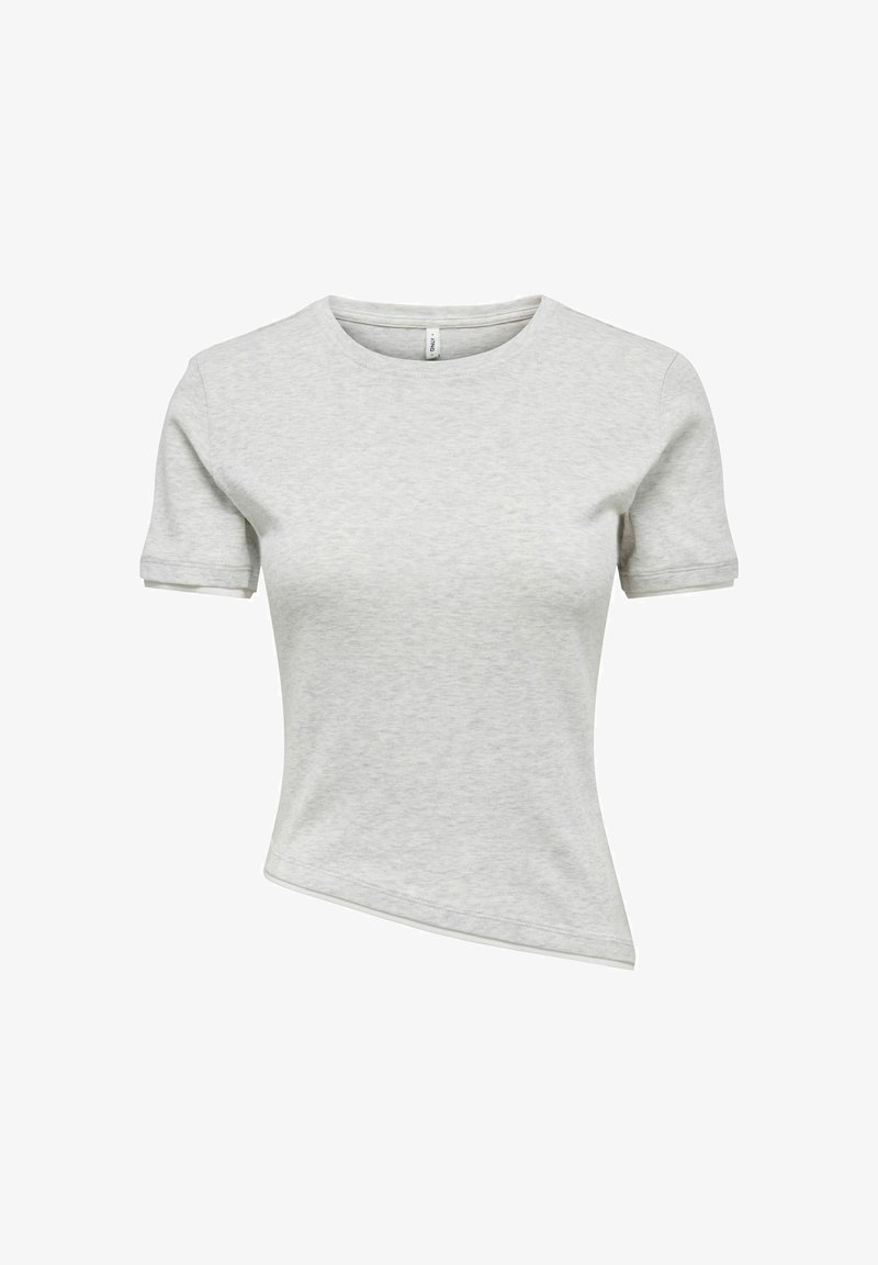 T-shirt ajusté gris clair à manches courtes avec encolure ronde et ourlet asymétrique s'inclinant vers le haut sur le côté droit.