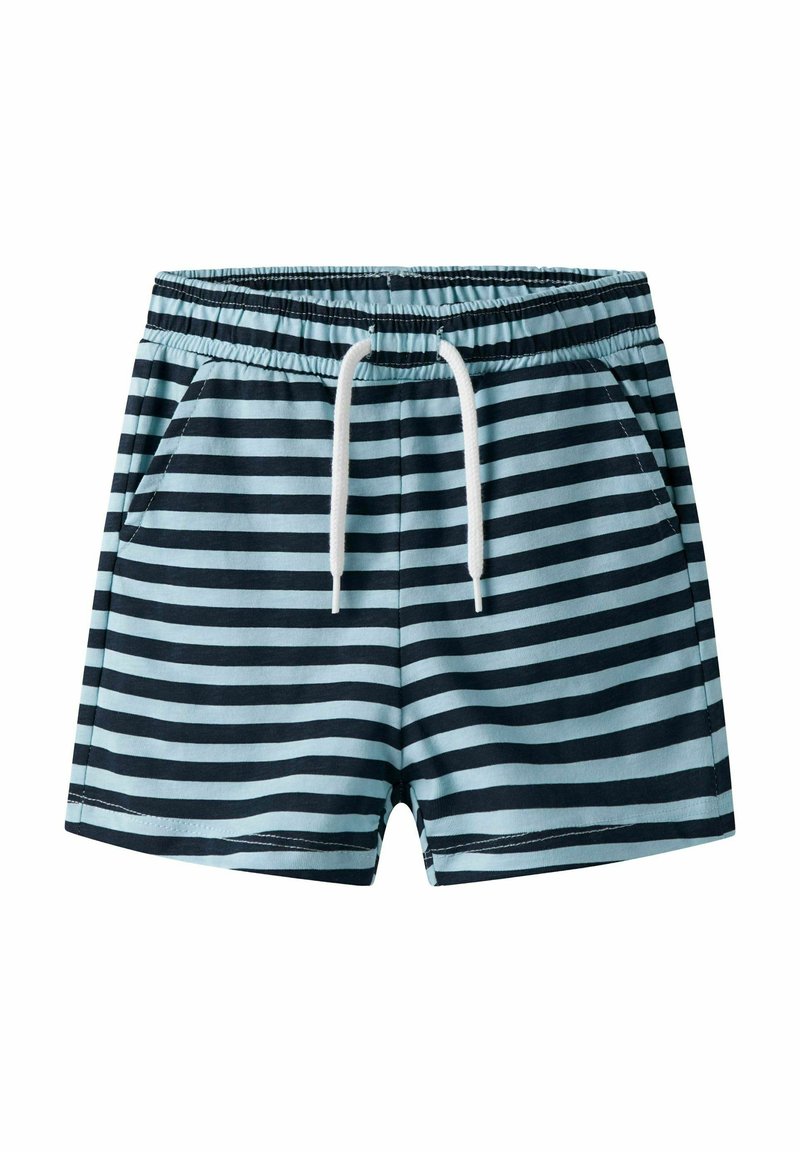 Costume da bagno a righe in blu scuro e blu chiaro, con vita elastica, coulisse e tasche laterali. Realizzato in tessuto morbido.