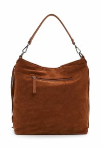 Pruun suede hobo kott ühe õlavarre rihmaga, lukuga esikäepär, pehme tekstuur ja minimalistlik disain. Pikk fringi detail küljel.