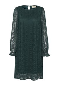 Green dress featuring a textured diamond pattern, a round neckline, long puffed sleeves with ruffled cuffs, and a keyhole back closure.