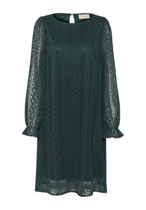 Zelené šaty s textúrovaným diamantovým vzorom, okrúhlym výstrihom, dlhými vyp puffovanými rukávmi s volánovými manžetami a spätným uzatváraním s kľúčovou dierkou.